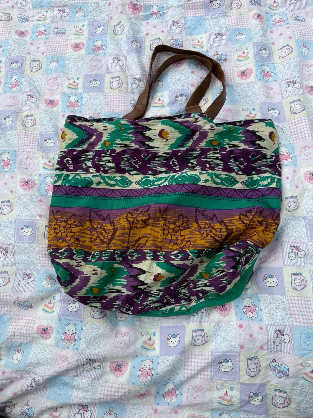 Cardamom + Coriander Boho beaded embroidered tote bag with brown leather straps